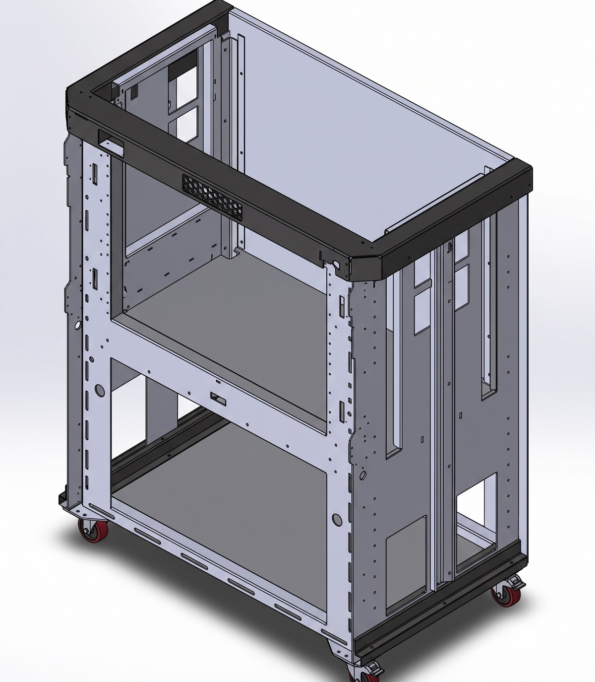 CAD solid model of the same welded sheet metal cart frame that appears finished in the photo beside it