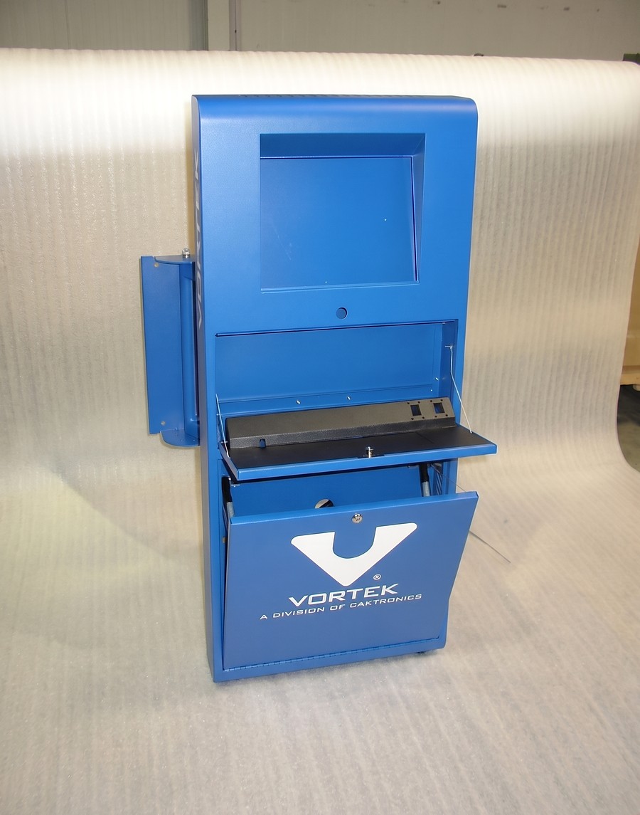 Blue powder coated equipment housing built by Atlas and finished in the customer's own branding
