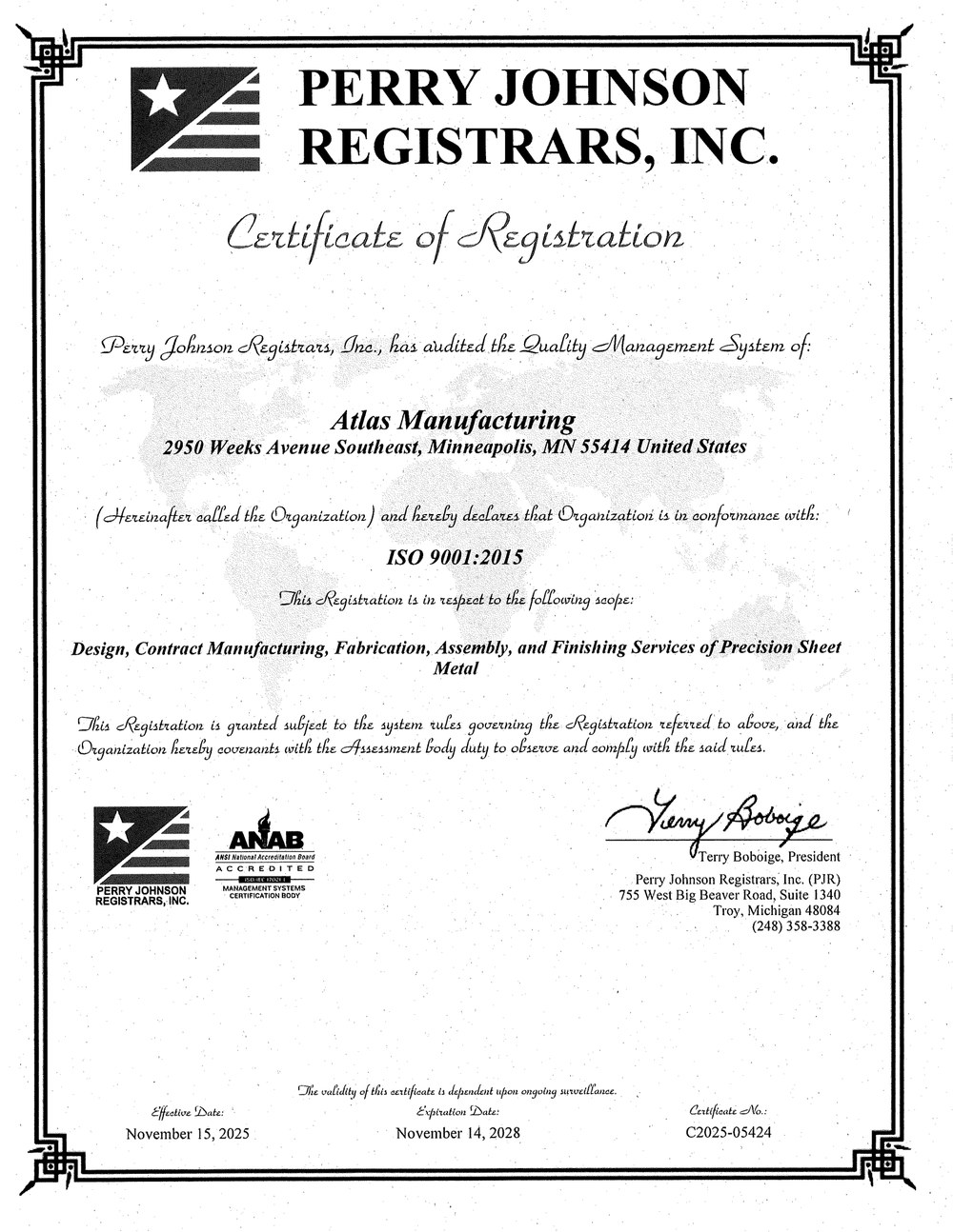Atlas Manufacturing ISO 9001:2015 certificate of registration issued by Perry Johnson Registrars