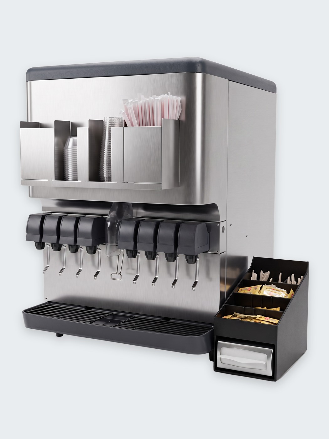 Stainless self-serve beverage dispenser counter housing, shown unbranded