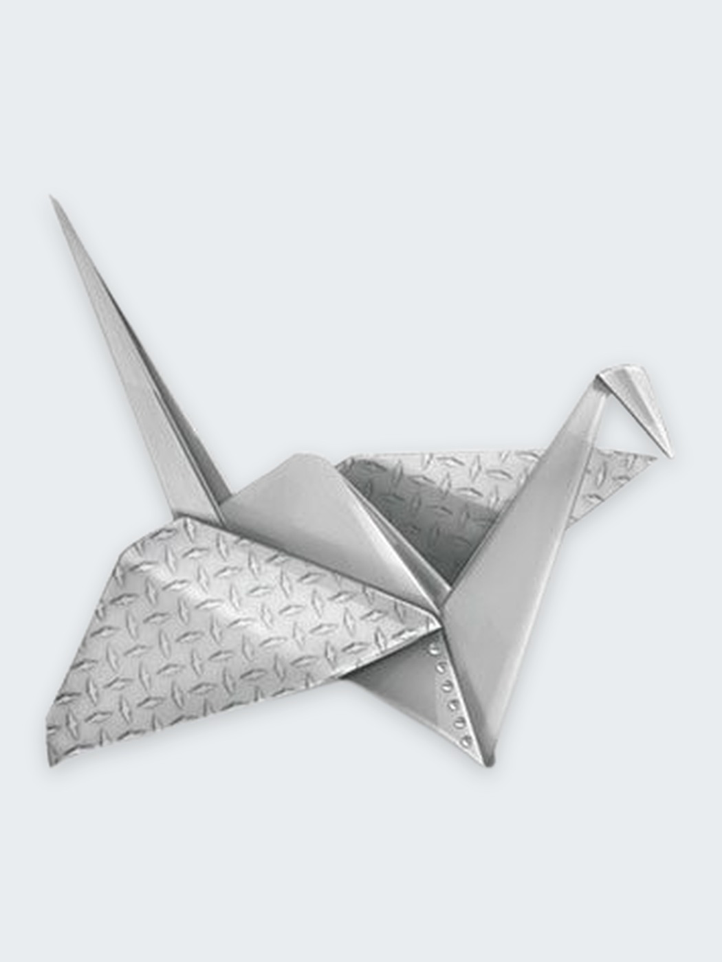 Origami crane folded from diamond plate steel, demonstrating forming capability