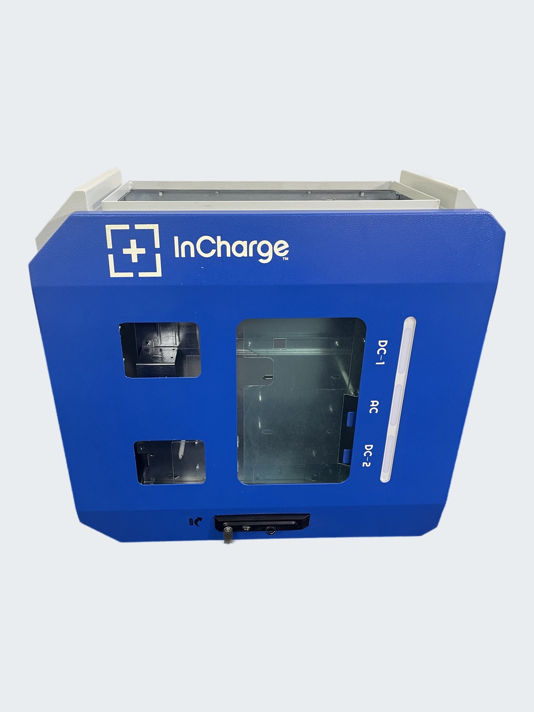 Blue powder coated portable power unit housing, front view